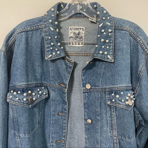 Andrew’s Blues Vintage Pearl Studded Oversized Jean Denim Jacket - Picture 11 of 16